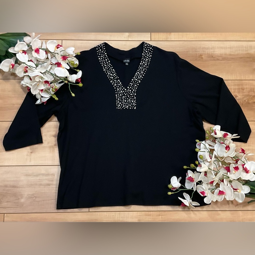 Rafaella Black Pearl Trim Knit Top Size 3X
